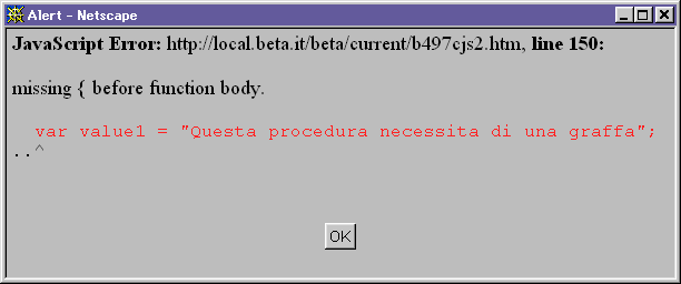 finestra di errore JS